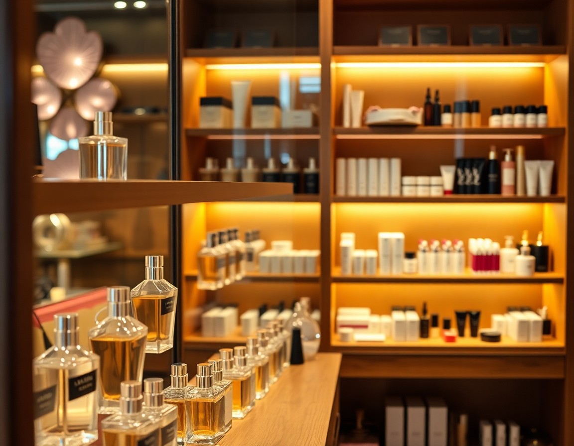 Detalle de estantería con productos de cosmética y perfumes prolijamente exhibidos