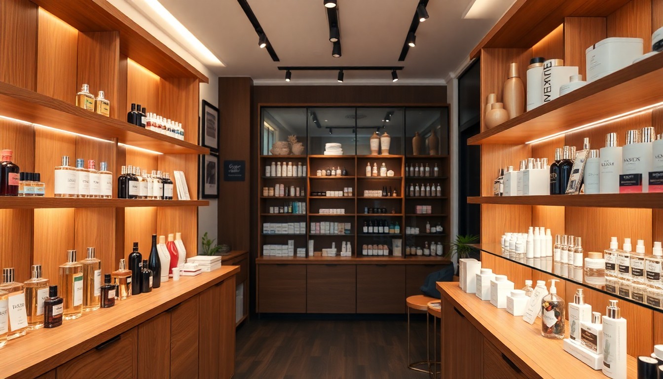 Local de Carol Cosmetics con perfumes y cosméticos exhibidos en estanterías cálidas de madera